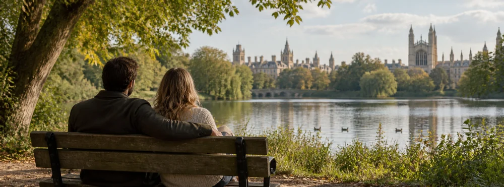 Illustrative scene of two adults talking beside a lake in a public park