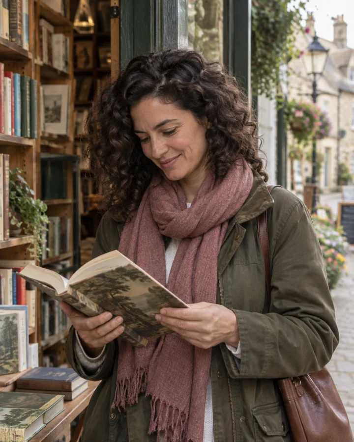 Illustrative woman reading outside a bookshop
