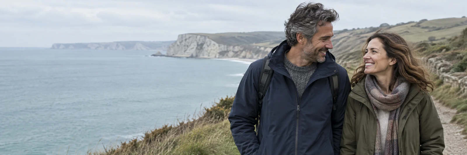 Illustrative adults on a coastal walk