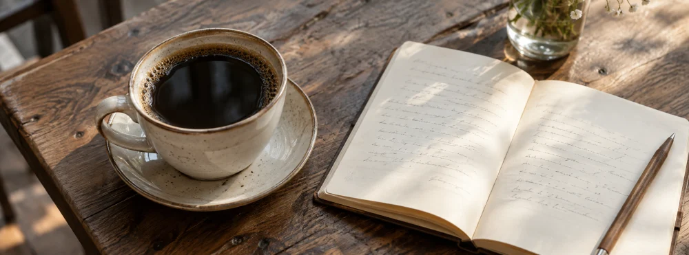Illustrative coffee and notebook on a café table, suggesting a simple first meeting