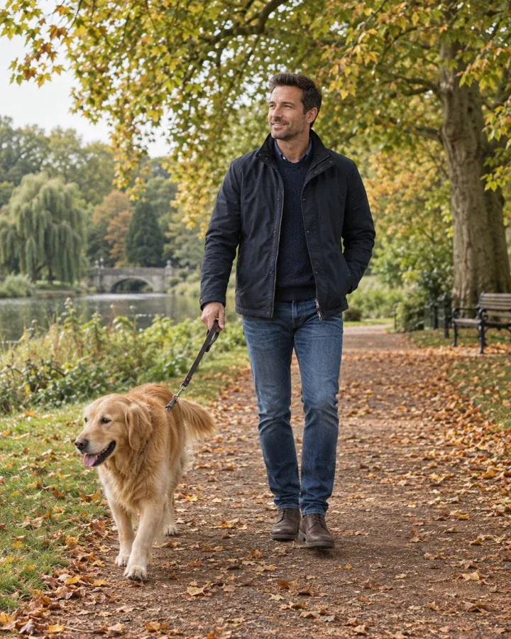 Illustrative man and his dog on a park path