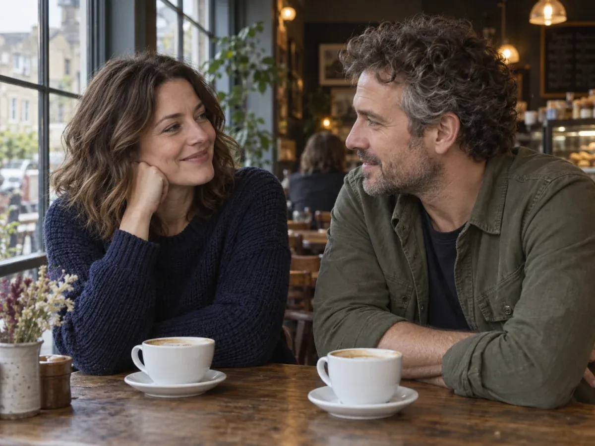 Illustrative scene of two adults talking in a café; no health status is implied