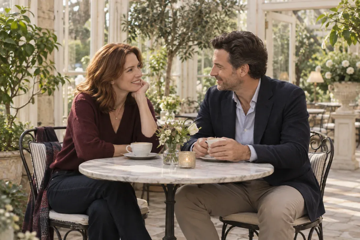 Two adults sharing a conversation in a sunlit conservatory café